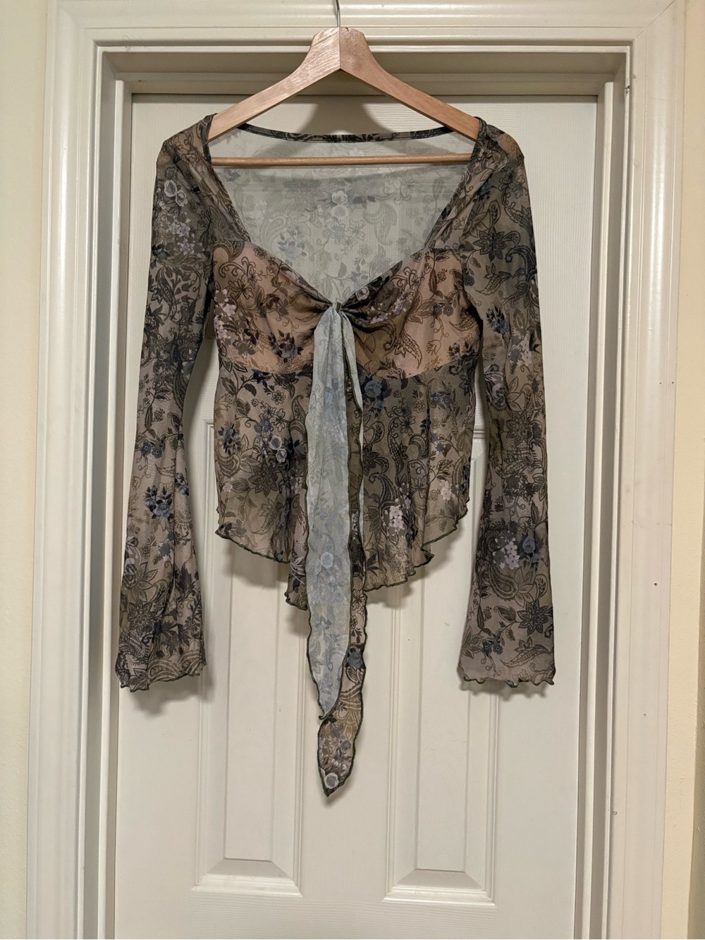 Fairy Geunge Beige Brown Paisley Off-Shoulder Sheer Mesh Tie Blouse.